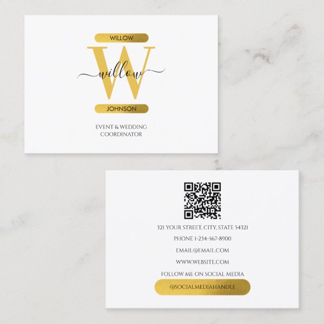 Eleganter White Gold Monogram Social Media QR Code Visitenkarte (Vorne/Hinten)