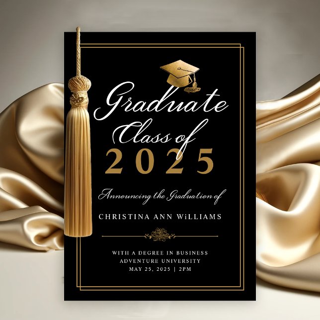 Eleganter White Gold Script Black Uni-Abschluss Ankündigung (Elegant Black Gold Script College Class of 2025 Graduation Announcement)