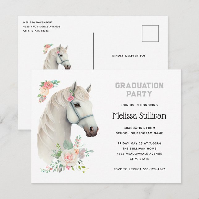 Eleganter White Horse Boho Abschluss Einladung Postkarte (Vorne/Hinten)