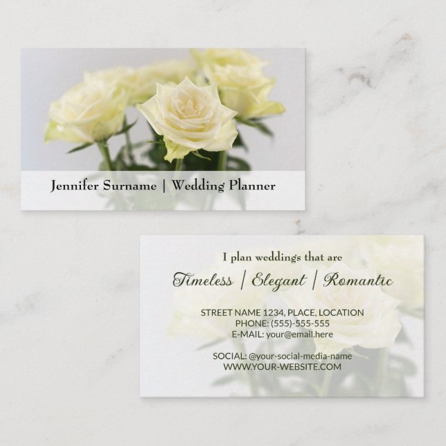 Eleganter White Rose Blume Klassischer Hochzeitspl Visitenkarte (Vorne/Hinten)