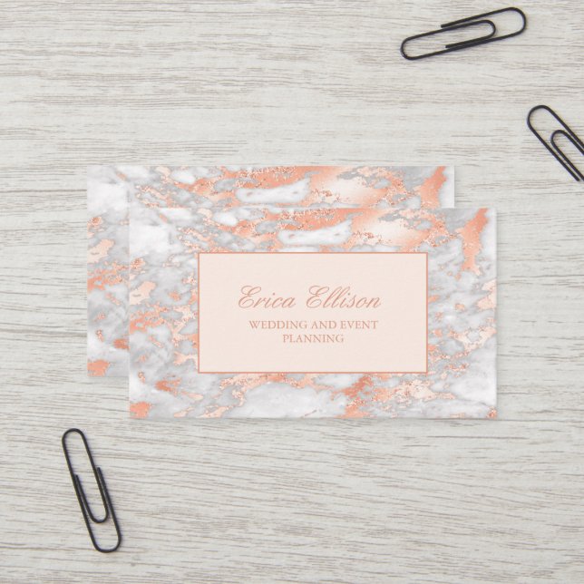 Eleganter White Rose Gold Marmor Hochzeitsplaner Visitenkarte (Vorderseite/Rückseite Beispiel)