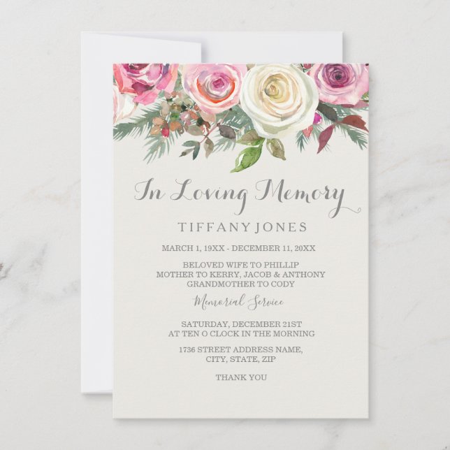 Eleganter White Rose Memorial Announcement Service Einladung (Vorderseite)