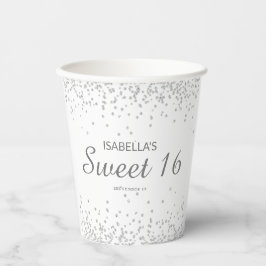 Eleganter White Silver Glitzer Sweet 16 Name Pappbecher