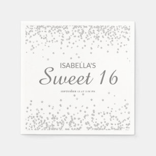 Eleganter White Silver Glitzer Sweet 16 Name Serviette