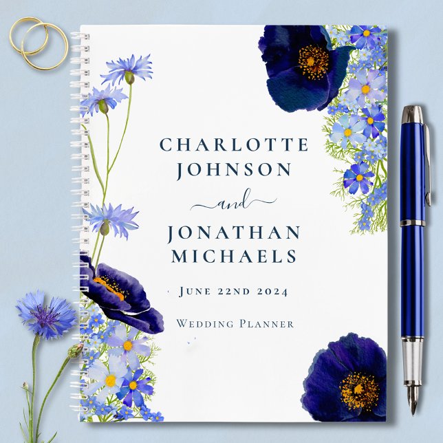 Eleganter Wildblume Blue Wedding Planner Notizbuch (Elegant wildflower watercolor blue wedding organizer notebook bride & groom names stylish typography)