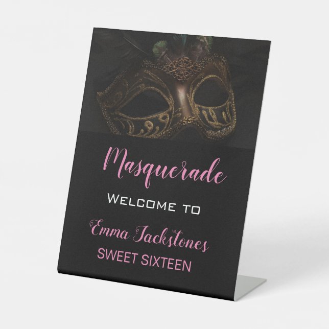 Eleganter Willkommensrosa Schwarze Masquerade Gebu Sockelschild (Vorderseite)