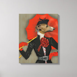 Eleganter Windhund und roter Regenschirm Leinwanddruck