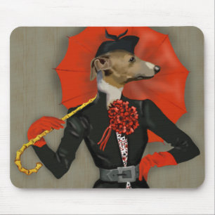 Eleganter Windhund und roter Regenschirm Mousepad