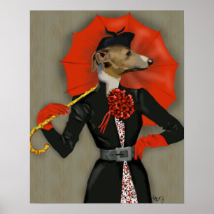 Eleganter Windhund und roter Regenschirm Poster