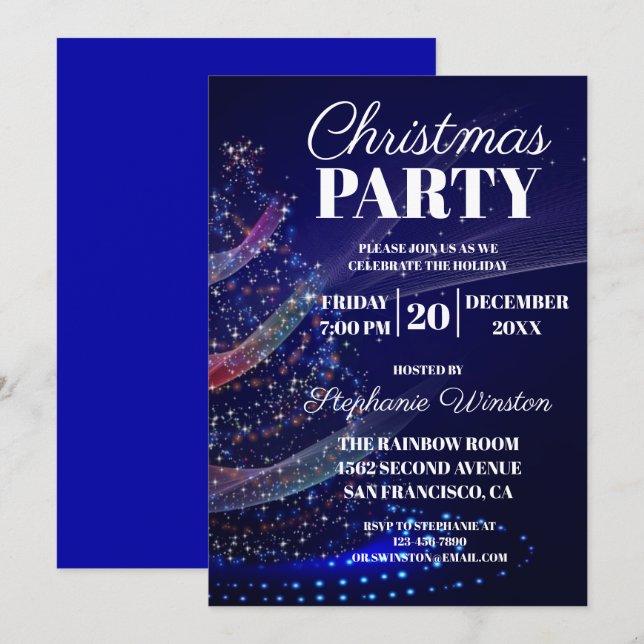 Eleganter Winter Blue Christmas Tree Lights Einladung (Vorne/Hinten)