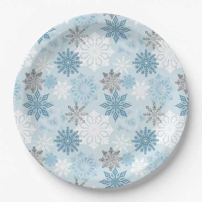 Eleganter Winter Blue Silver Glitzer Schneeflocken Pappteller (Vorderseite)
