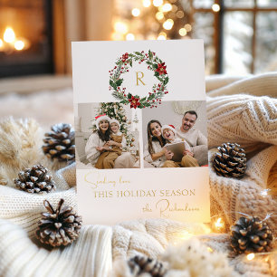 Eleganter Winter-Blumenkranz mit Monogramm 2-Foto Folien Feiertagskarte