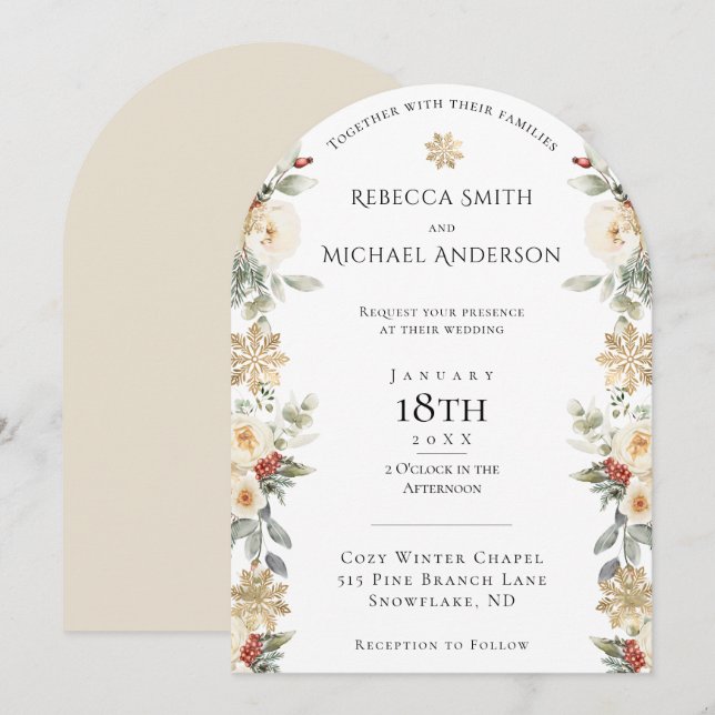 Eleganter Winter Floral Arch geformt Hochzeit Einladung (Vorne/Hinten)