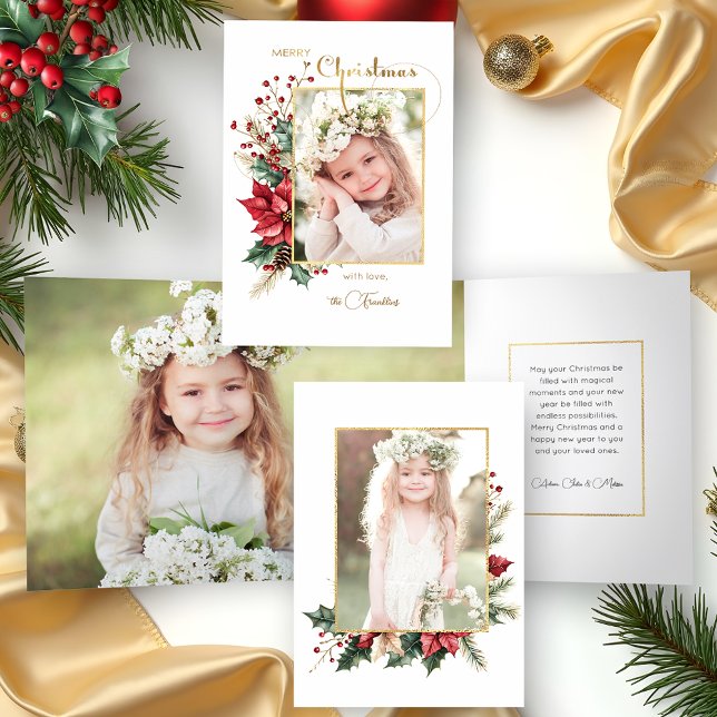 Eleganter Winter Floral Gold Frohe Weihnachten 1 F Dreifach Gefaltete Karte (Von Creator hochgeladen)