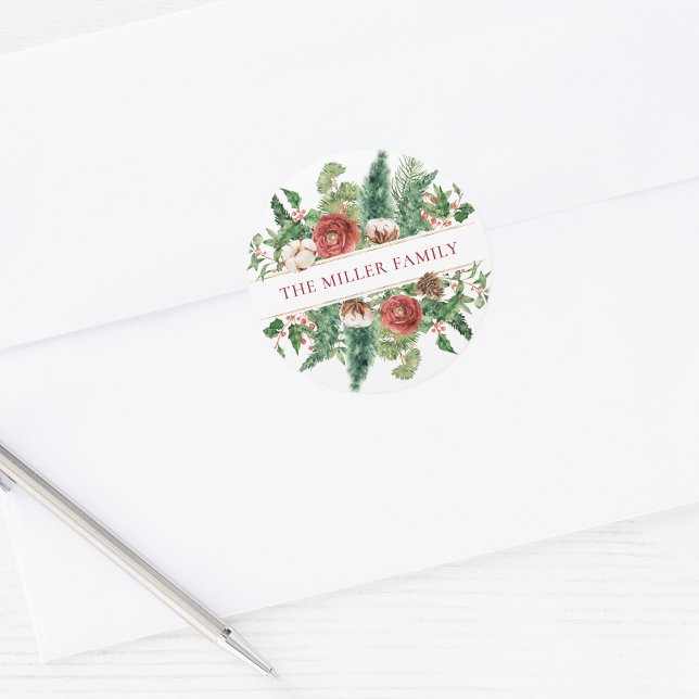 Eleganter Winter Floral Holiday Runder Aufkleber (Elegant Green Red Cream Floral Holiday Classic  Personalized Round Sticker by Painted Paperie
)