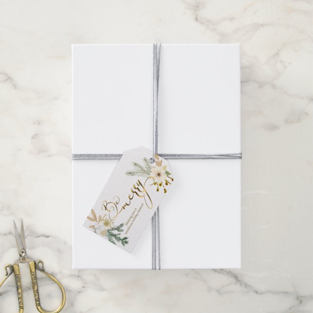 Eleganter Winter Gold Floral und Pine Geschenkanhänger (Mit Garn)