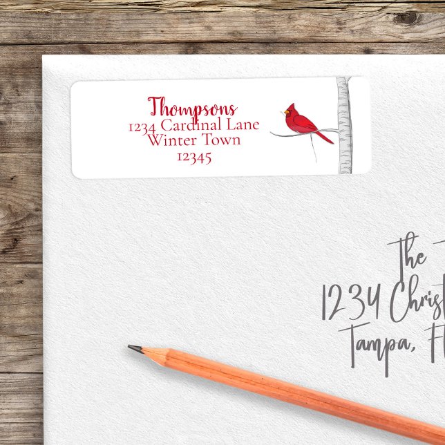 Eleganter Winter Kardinal Weihnachts-Mailing (Simple winter red cardinal in a birch tree woodland theme return address label. )