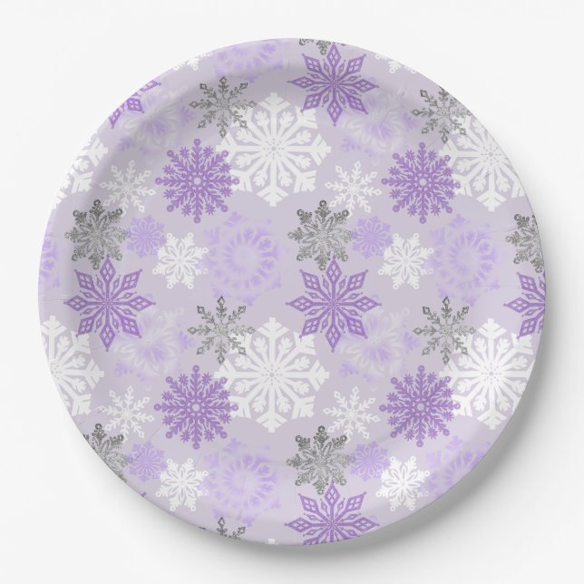 Eleganter Winter Lila Silberner Glitzer Schneefloc Pappteller (Vorderseite)