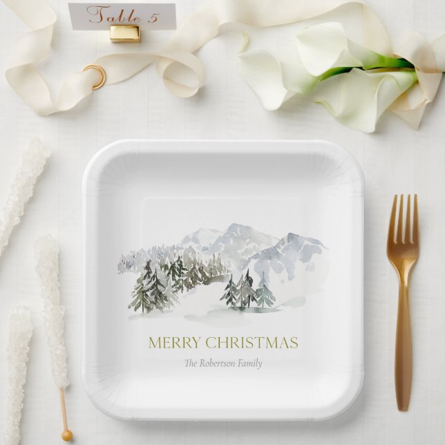 Eleganter Winter Mountain Weihnachten Pappteller (Hochzeit)