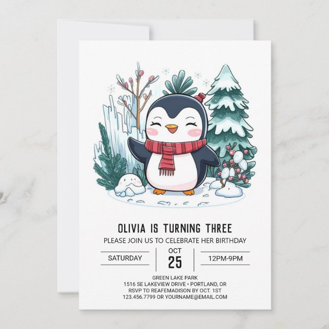 Eleganter Winter Pinguin Digitaler Geburtstag Einladung (Vorderseite)