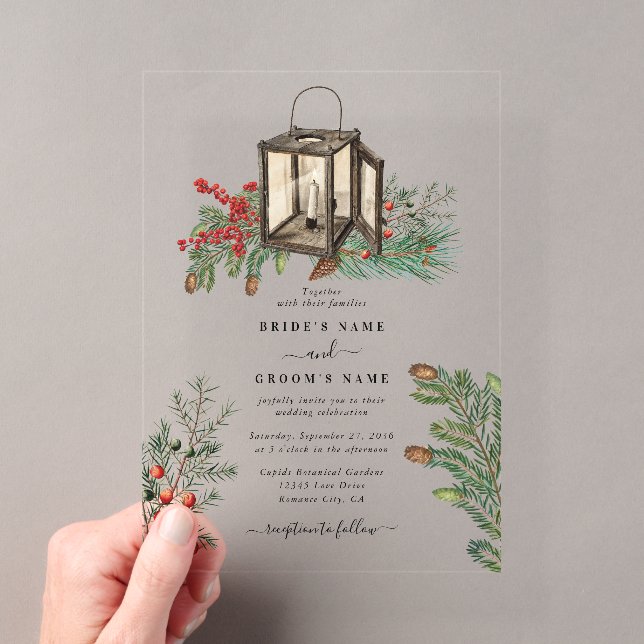Eleganter Winter Rustic Pine Trees Lantern Wedding Acryleinladungen (Insitu (Handheld))