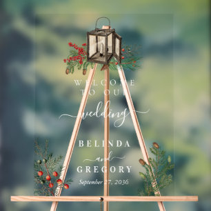 Eleganter Winter Rustic Pine Trees Lantern Wedding Acrylschild