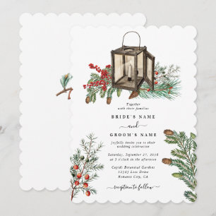 Eleganter Winter Rustic Pine Trees Lantern Wedding Einladung