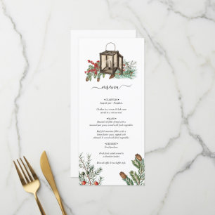 Eleganter Winter Rustic Pine Trees Lantern Wedding Menükarte