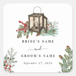 Eleganter Winter Rustic Pine Trees Lantern Wedding Quadratischer Aufkleber