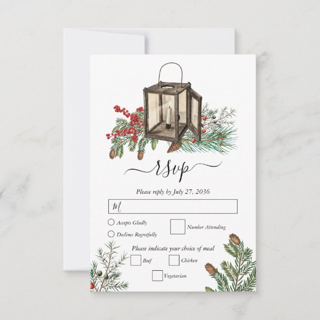 Eleganter Winter Rustic Pine Trees Lantern Wedding RSVP Karte (Vorderseite)
