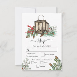 Eleganter Winter Rustic Pine Trees Lantern Wedding RSVP Karte
