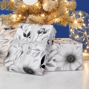 Eleganter Winter Schwarz-Weiß-Blumen Weihnachten Geschenkpapier