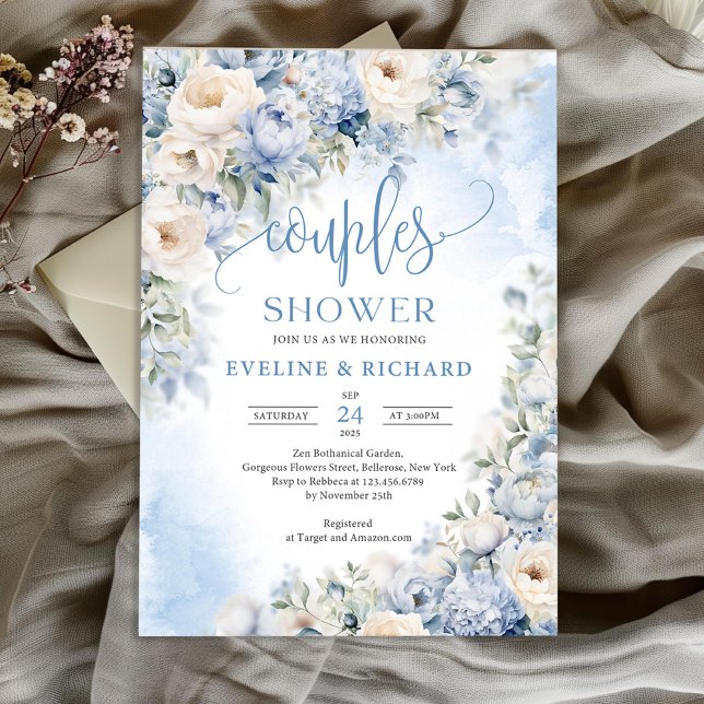 Eleganter Winter staubig blau und Elfenbeinpaare d Einladung (Boho blue winter flowers greenery eucalyptus couples shower invitation)