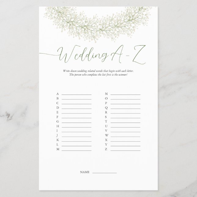 Eleganter Winter Wreath Wedding A-Z Game Flyer (Vorne)