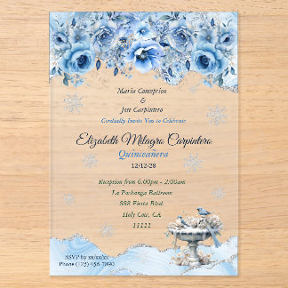 Eleganter Winter-Wunderland-Quinceañera-Schneefloc Acryleinladungen