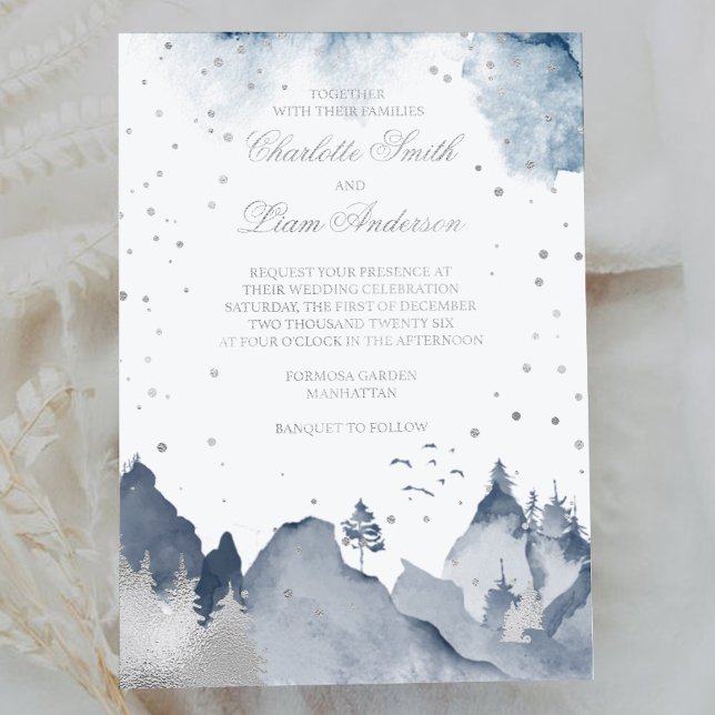 Eleganter Wintergebirgwald Hochzeitsplatz Folieneinladung (Von Creator hochgeladen)