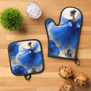 Eleganter Wirbel-Ballett in Indigoblau Ofenhandschuh & Topflappen-Set