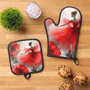 Eleganter Wirbel-Ballett in Rot Ofenhandschuh & Topflappen-Set