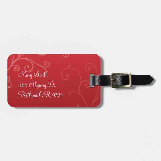 Eleganter Wirbels-kundenspezifisches Monogramm-Rot Gepäckanhänger (Vorderseite horizontal)