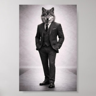 Eleganter Wolf in klassischem Anzugporträt Poster