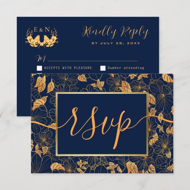 Eleganter, wunderschöner Goldblätterwolf-Blaue UAW RSVP Karte (Vorne/Hinten)