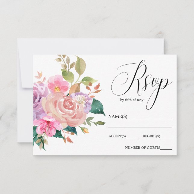 Eleganter, zarter rosa Bouquet Hochzeit RSVP (Vorderseite)