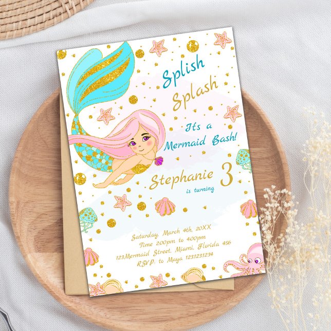 Eleganter Zauber unter dem Party einladen Einladung (Golden Glitter Mermaid Birthday Invitations)
