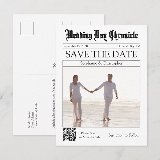 Eleganter Zeitungs-Hochzeits-QR-Code Save-the-Date Postkarte (Vorne/Hinten)