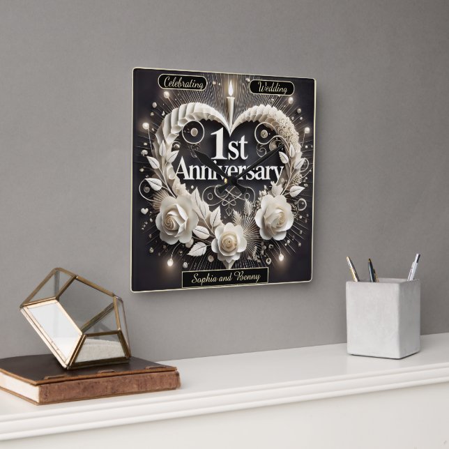 Elegantes 1. Jubiläumsbuch Herz Quadratische Wanduhr (Büro)