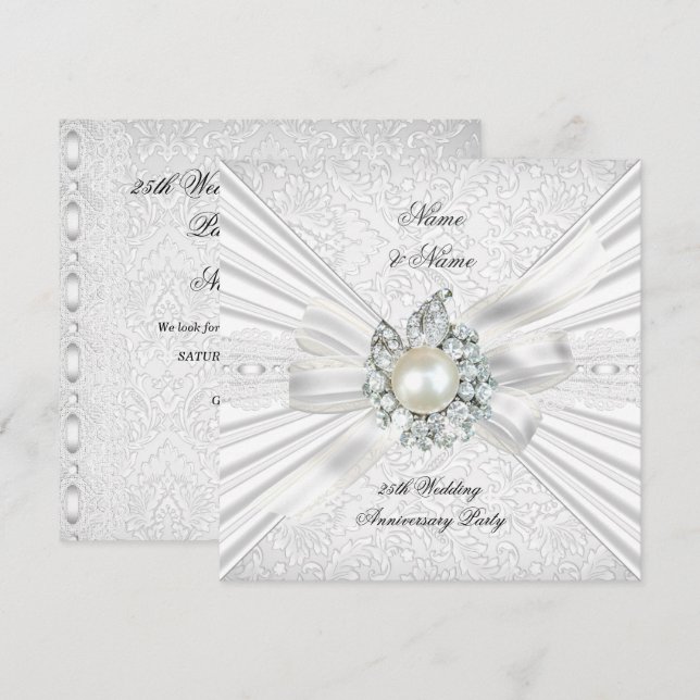 Elegantes 25-jähriges Party Lace White Einladung (Vorne/Hinten)