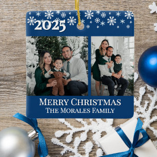 Elegantes 2-Foto-Blau-Andenken-Familienfoto Keramikornament