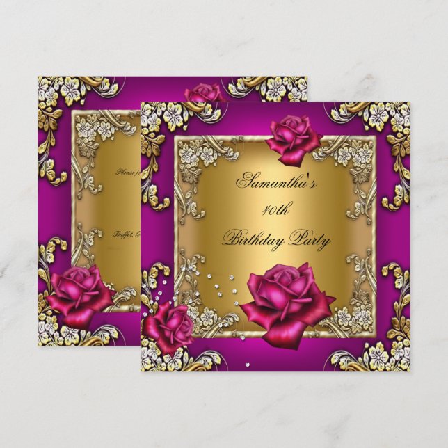 Elegantes 40. Geburtstag Party Rosa Rose Gold Einladung (Vorne/Hinten)