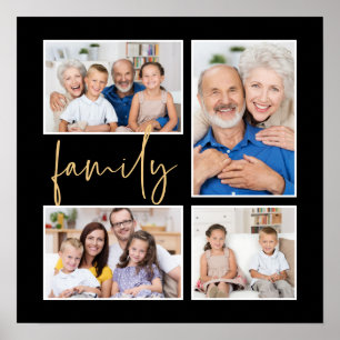 Elegantes 4-Foto-Collage Familie Gold Schwarz Poster