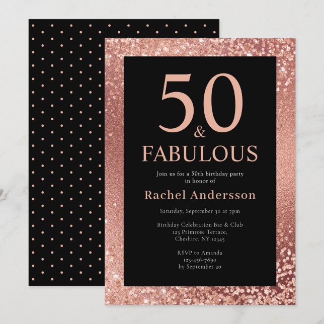 Elegantes 50. Geburtstag Metalic Rose Gold Party Einladung (Vorne/Hinten)